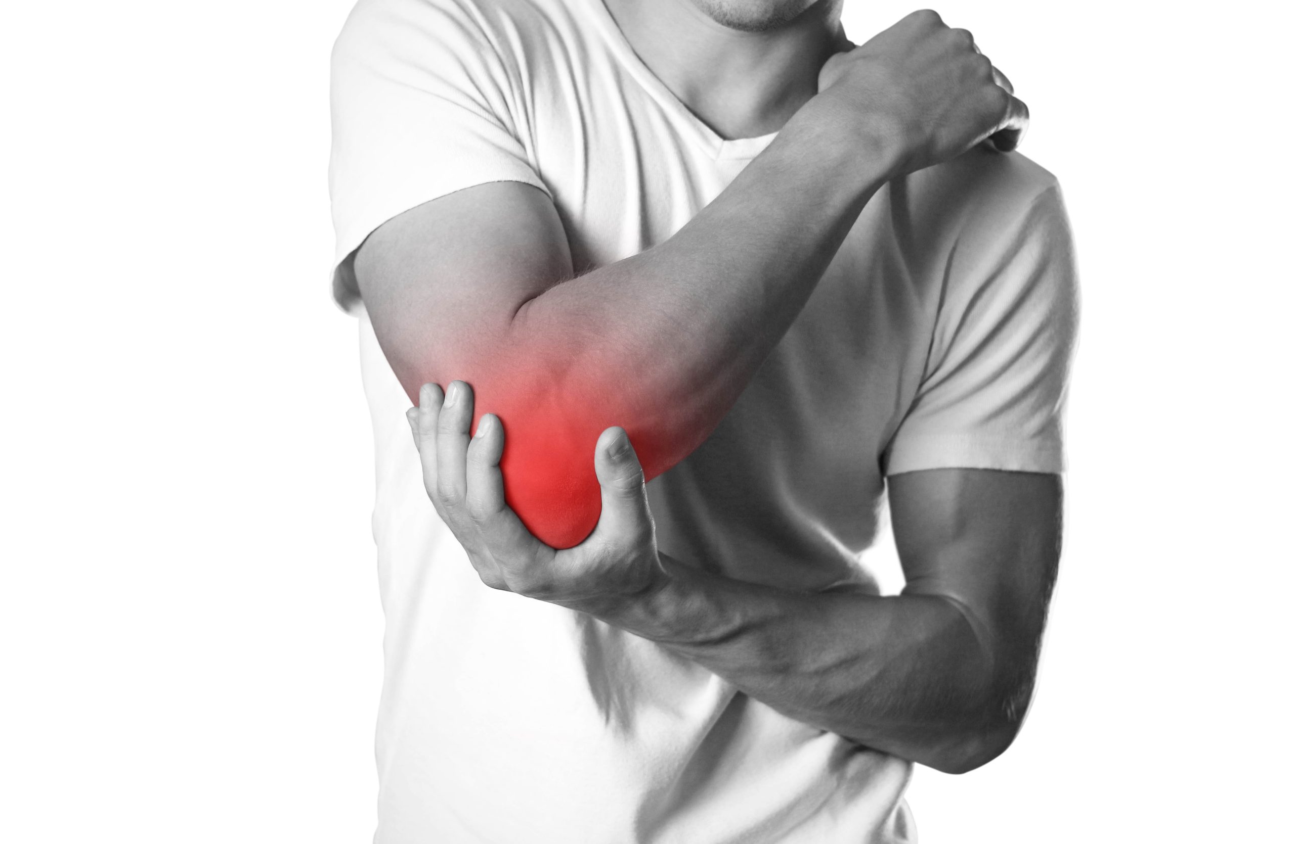 A man holding hands. Pain in the elbow. The hearth is highlighted in red. Close up. Isolated on white background.