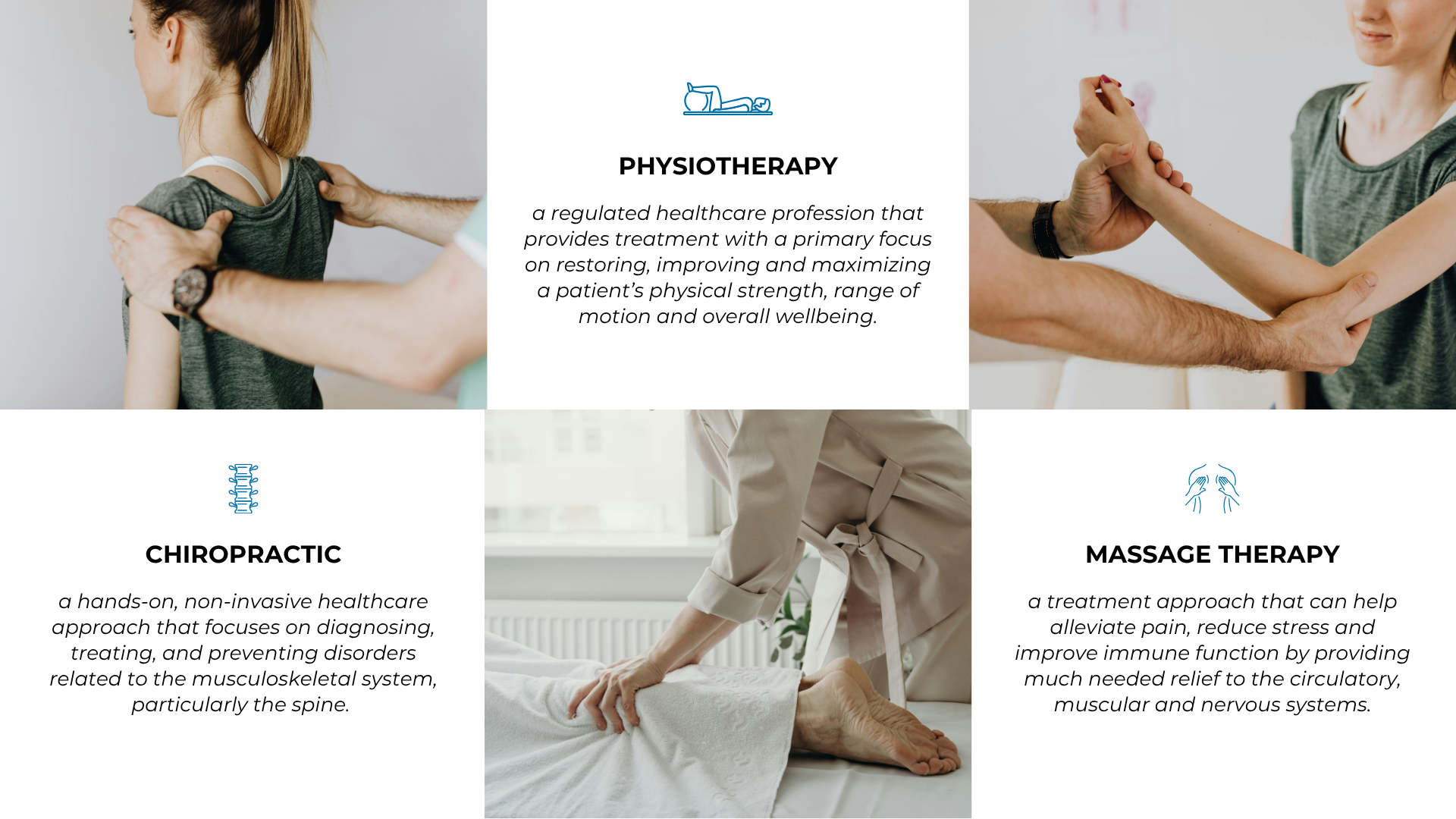 Our Services Main Services offered are: Physiotherapy, Chiropractic and Registered Massage Therapy